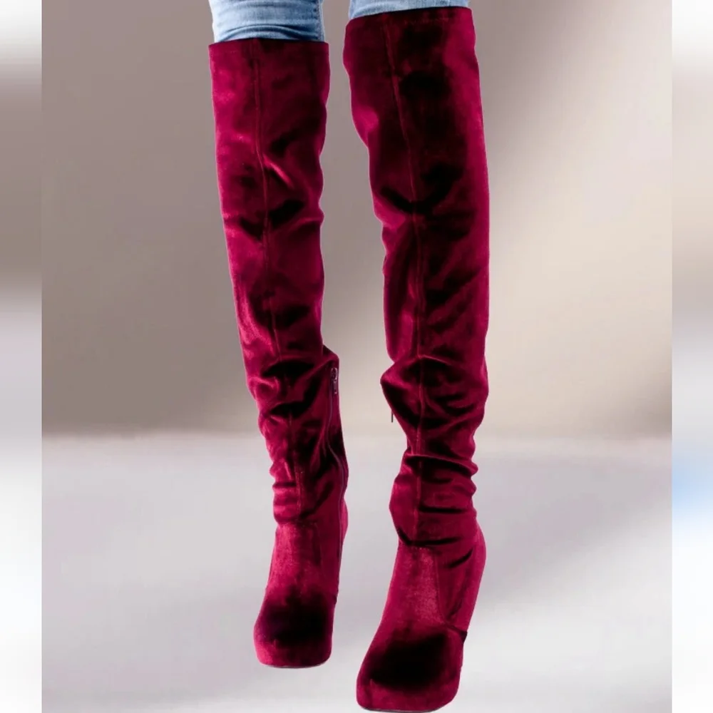 Justfab Yeal‎ Burgundy Velvet Over-the-Knee heeled boots brand new size 9.5